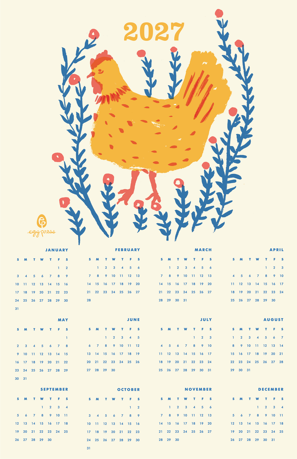 Chicken 2027 Calendar Illustrated Risograph Print