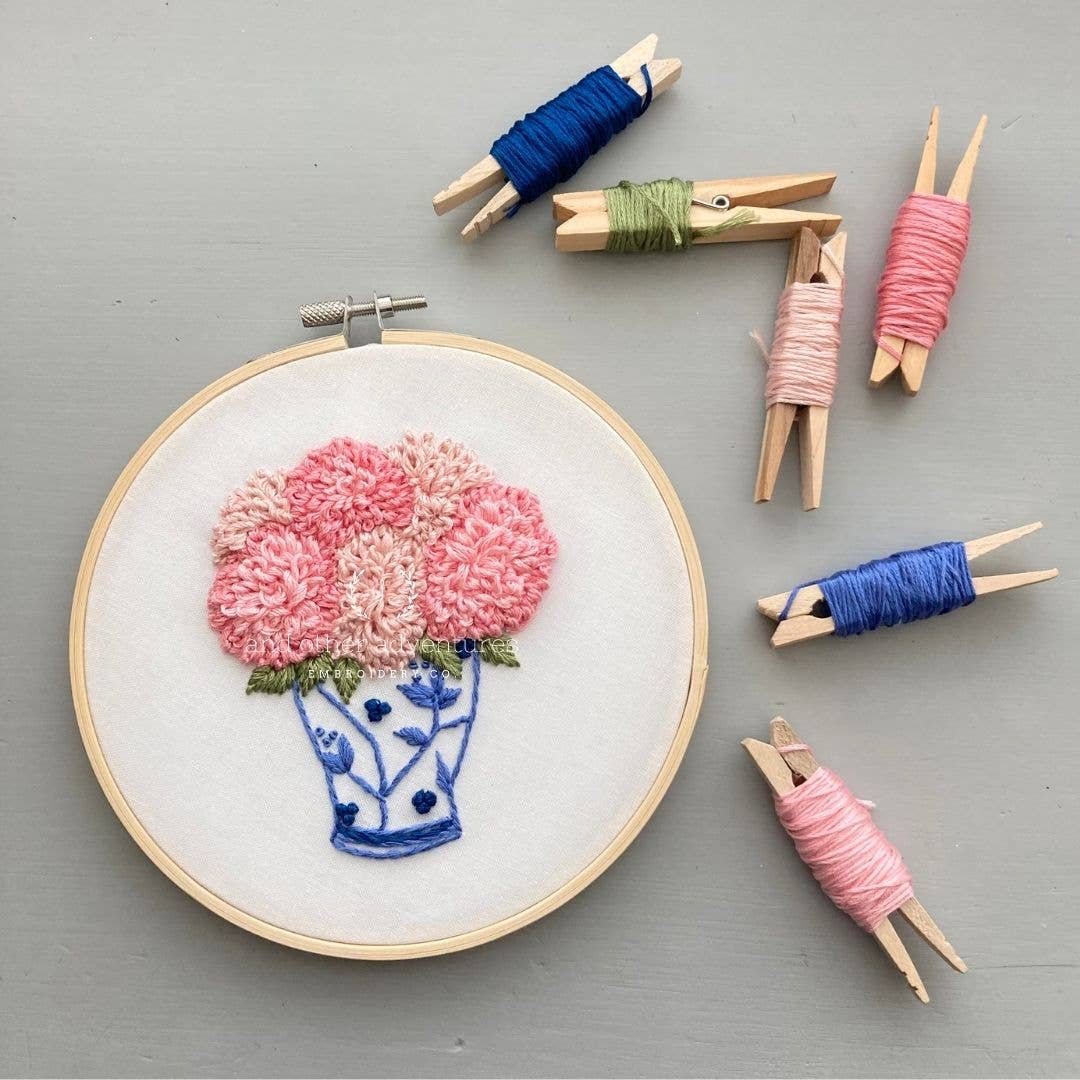 Ginger Jar with Pink Dahlias - Intermediate Embroidery Kit