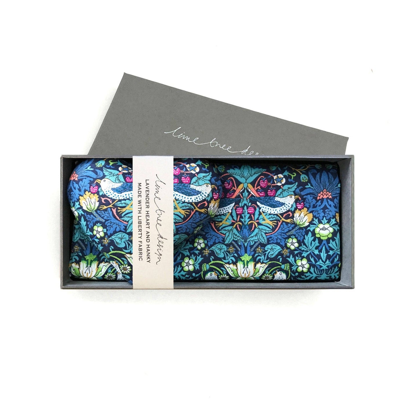 Box of 1 Lavender Heart & 1 Liberty Hanky - Strawberry Thief Blue