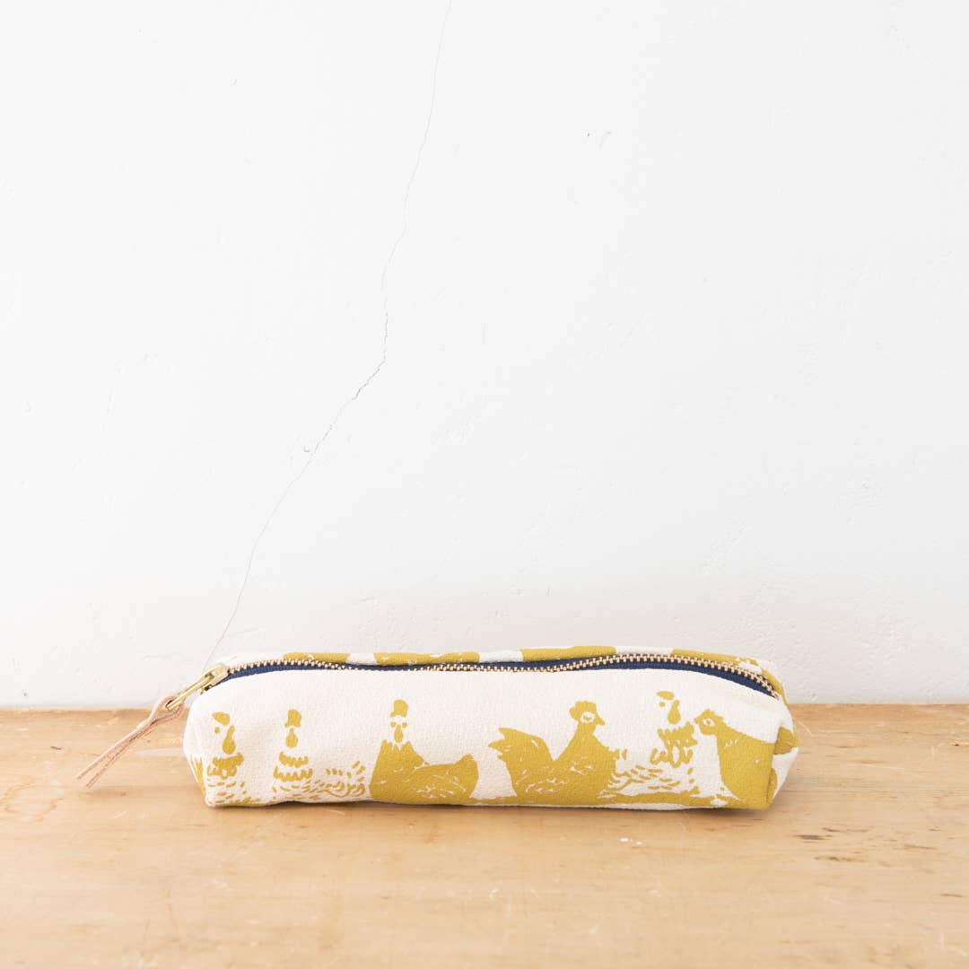 Hen House Pencil Bag: Navy | Orange Zip / Cotton Barkcloth / Flat