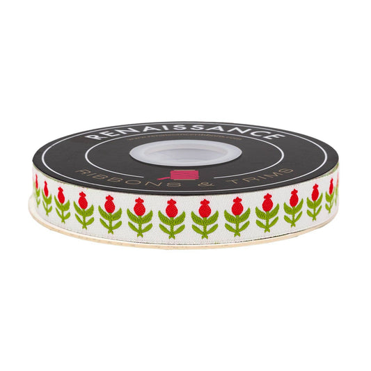 Buon Natale - Pomegranates in Ivory - 5/8" - by Joanna Figueroa - 5 Yard Spool