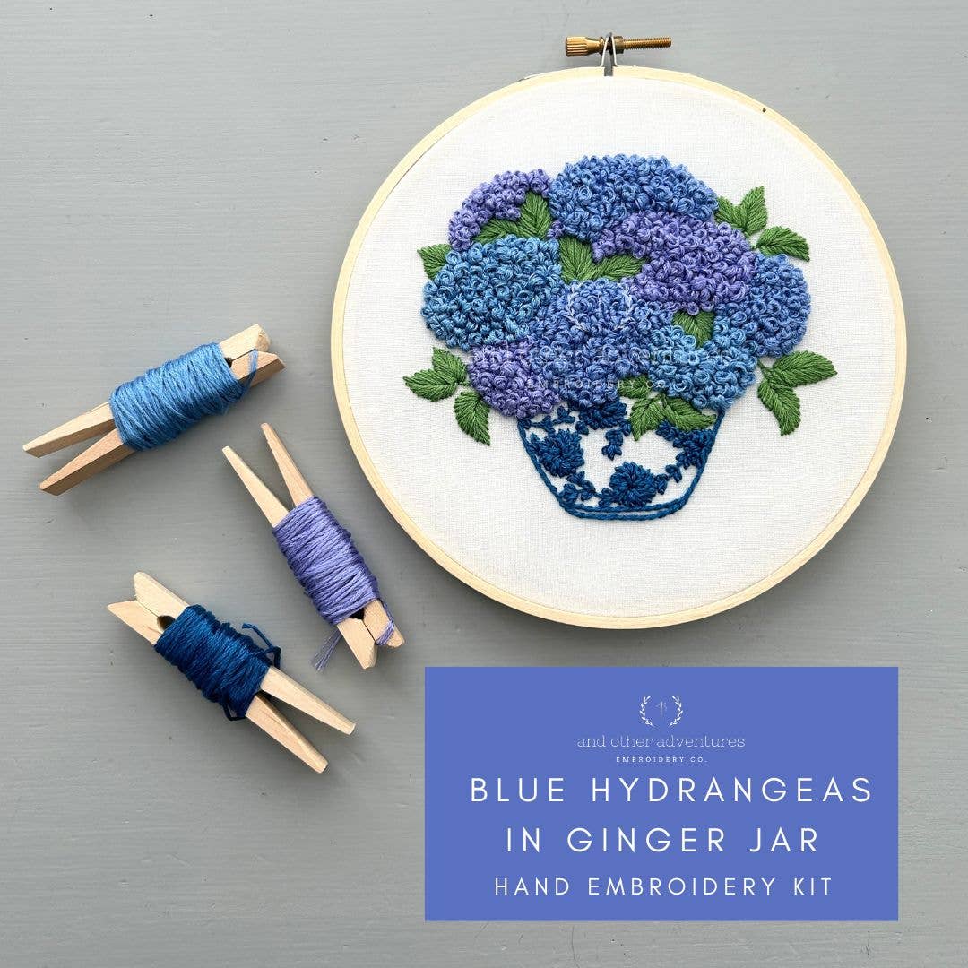 Blue Hydrangeas in Ginger Jar Hand Embroidery Kit