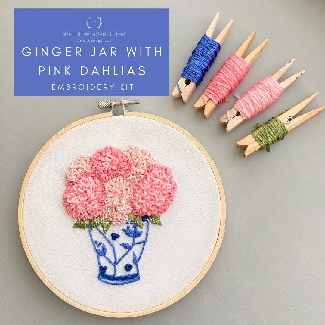 Ginger Jar with Pink Dahlias - Intermediate Embroidery Kit