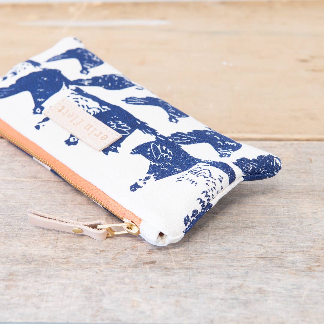 Hen House Pencil Bag: Navy | Orange Zip / Cotton Barkcloth / Flat