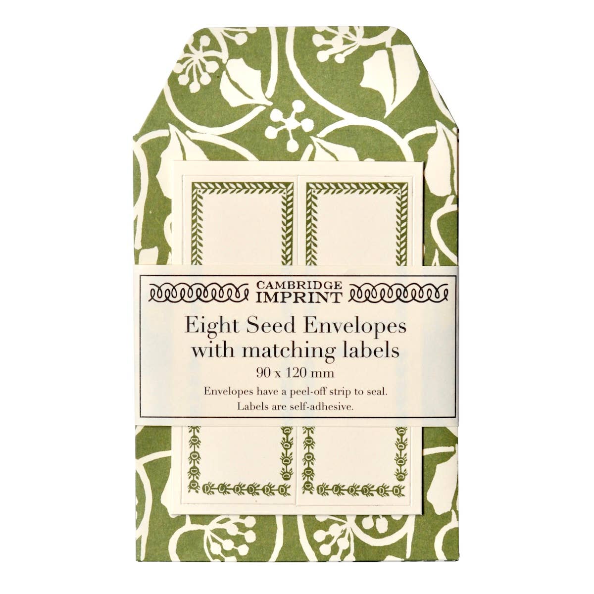 A Packet of Eight Seed Envelopes in Small Ivy Stripe Sage Green with Matching Labels