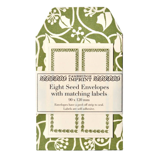A Packet of Eight Seed Envelopes in Small Ivy Stripe Sage Green with Matching Labels