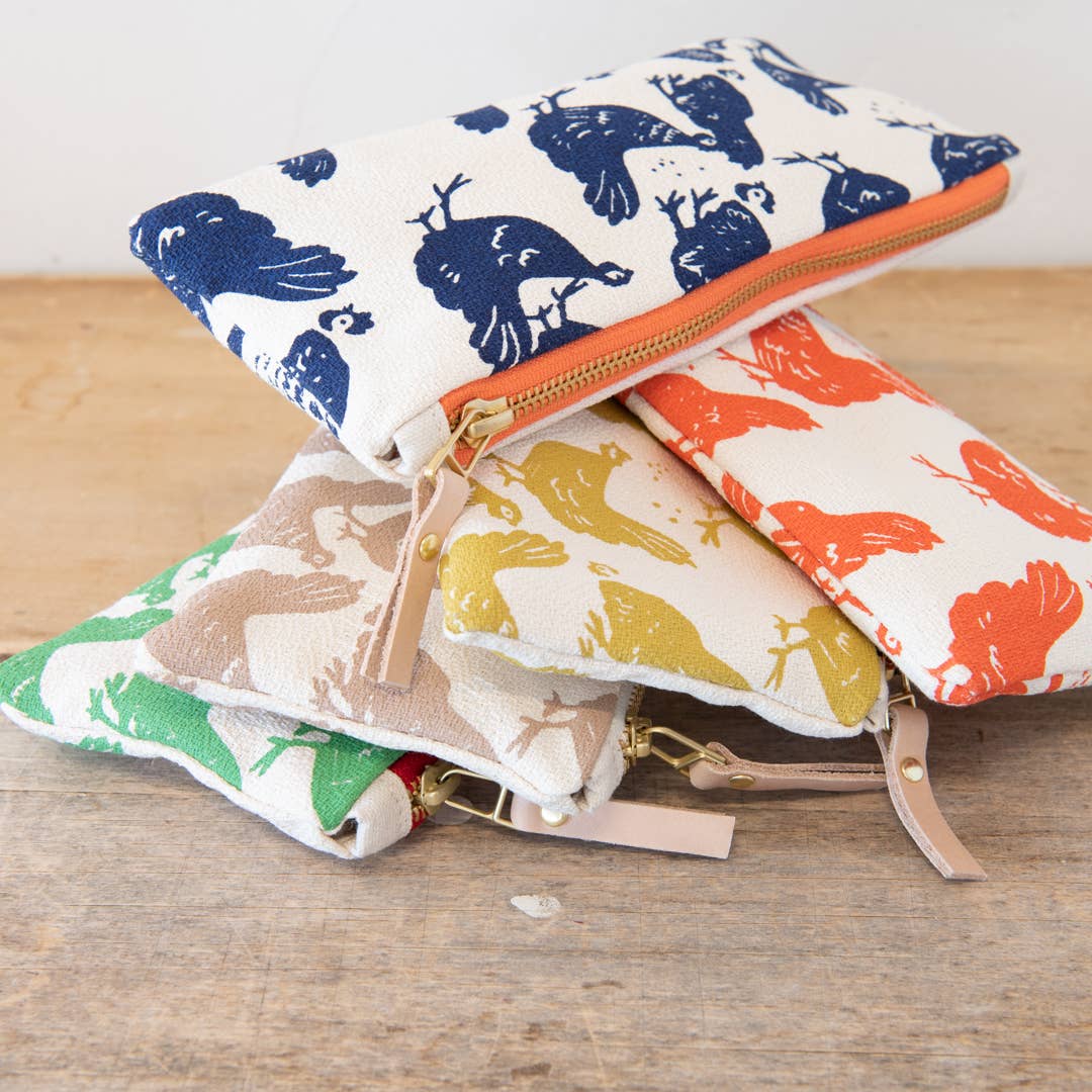 Hen House Pencil Bag: Navy | Orange Zip / Cotton Barkcloth / Flat