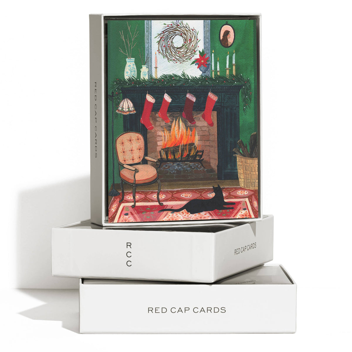 Christmas by the Fireplace holiday greeting card