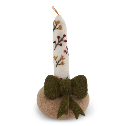 Candle in Holder w/Embroidery & Green Bow