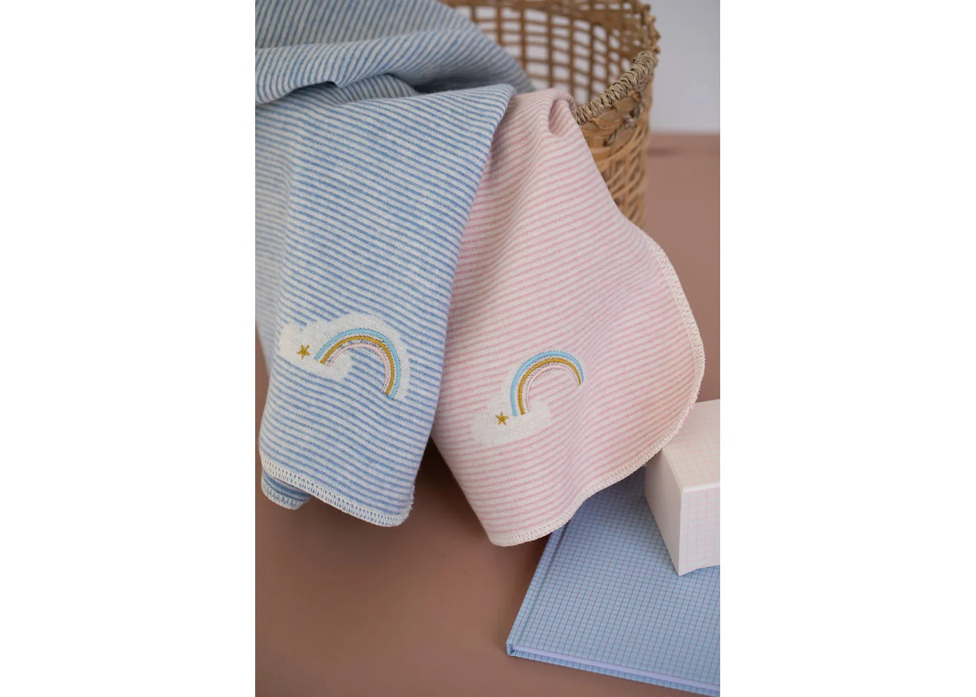 Juwel Baby Blanket - Embroidered Stripes and Rainbow - Blue