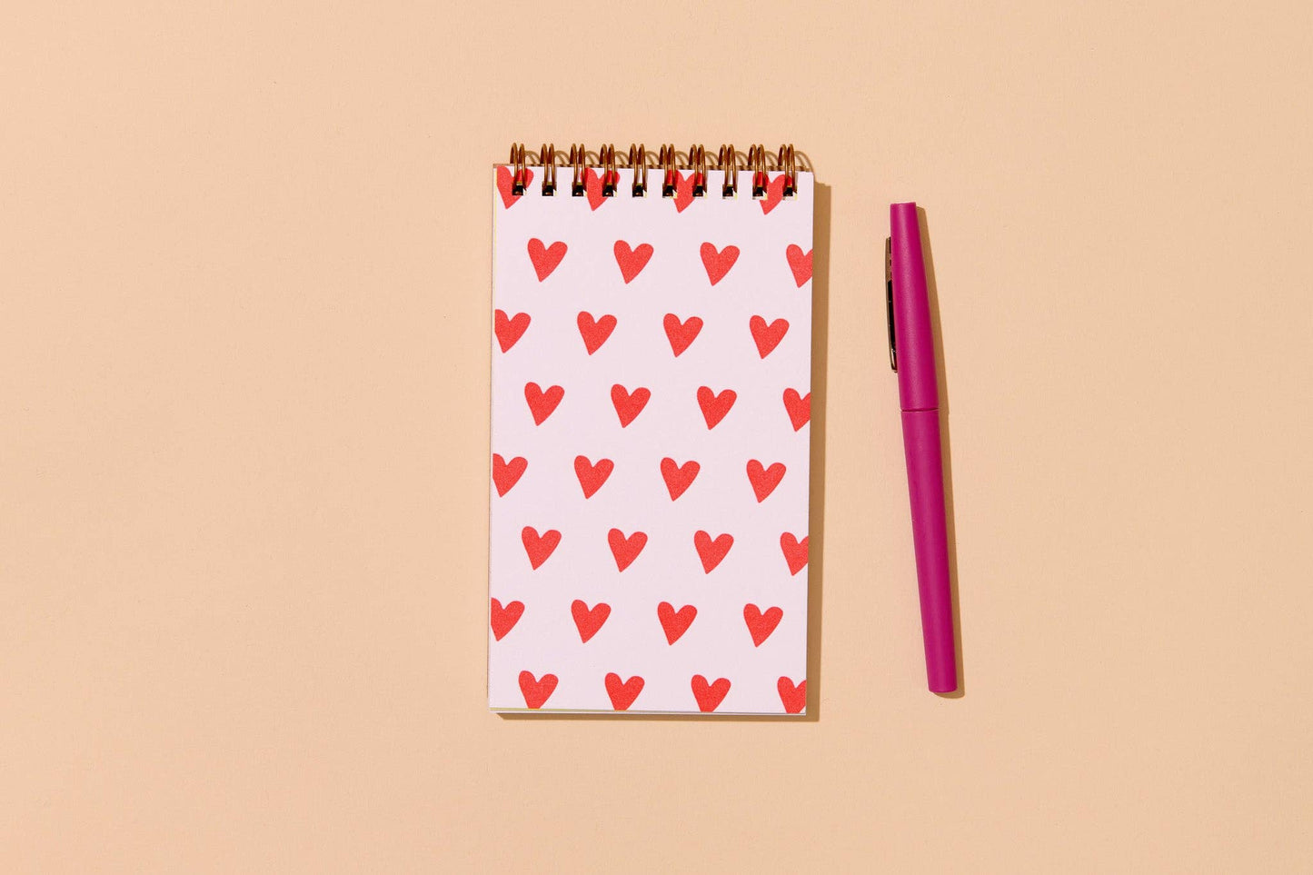 Small Sweet Letterpress Spiral Notebook—Red Hearts Pattern