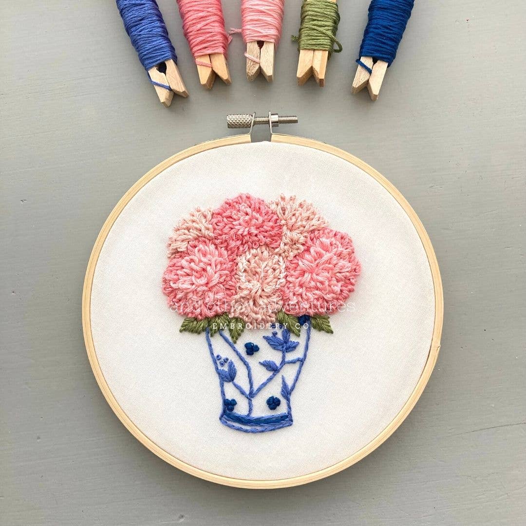 Ginger Jar with Pink Dahlias - Intermediate Embroidery Kit